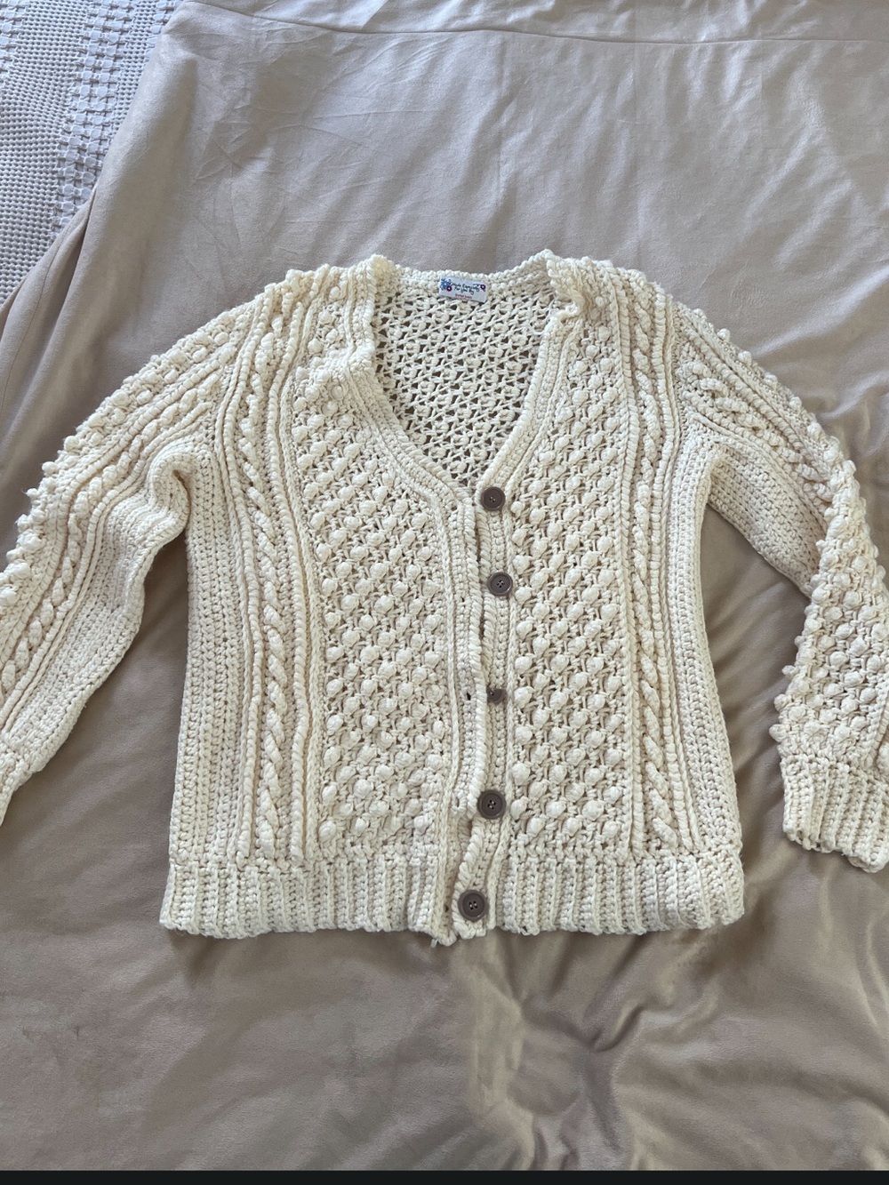 Imperfect Handmade Cream Crochet Bobble Stitch Cardigan Sweater Cottagecore Boho